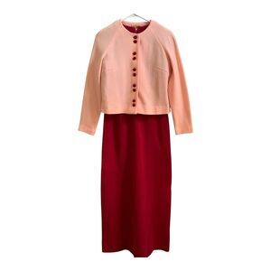 Vintage 50's 60's 70's 100% Wool Maxi Dress Pink SIZE 10 Jacket Set 2 Piece READ